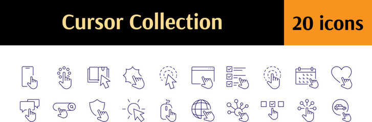 Set of Computer and Monitor Related Line Icons. Cursor, Pointer Outline Signs for Graphic and Web Design, Apps, Adverts, Various Cards