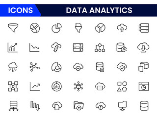 Insightful vector web line icons depicting data analytics, big data, visualization, insights, and statistical tools for informed decision-making.