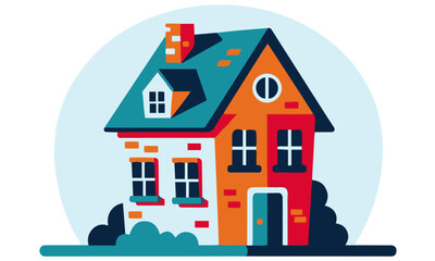 Residential House Illustration,A charming illustration of a two-story residential house with distinct architectural features and a vibrant color palette,