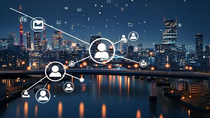 Nighttime cityscape showcasing a digital network connecting people across a vibrant urban landscape - Powered by Adobe