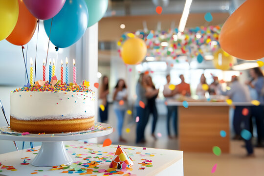 Colorful birthday party in workplace with cake, balloons, and blurred coworkers enjoying event in background
