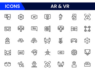 Immersive vector web line icons depicting AR, VR, headsets, augmented realities, and interactive digital experiences for innovative technology.