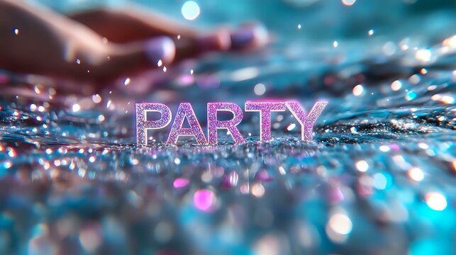 Glowing pink party text on sparkly blue background with bokeh lights and water droplets creating festive atmosphere for celebration designs and party invitations.
