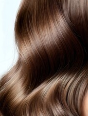 Fototapeta premium Luxurious wavy brown hair close-up showing smooth, glossy texture and natural highlights. Professional hairstyling and hair care advertising background.