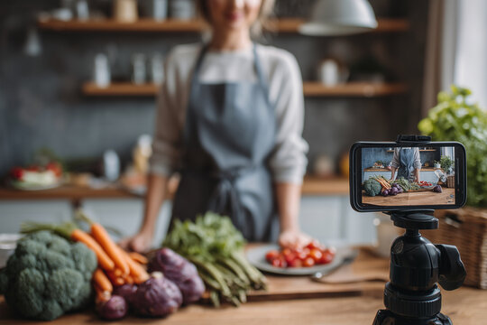 A woman is cooking in a kitchen with a camera recording her. The camera is on a tripod and is focused on the woman and the food she is preparing. The kitchen is well-stocked with various vegetables