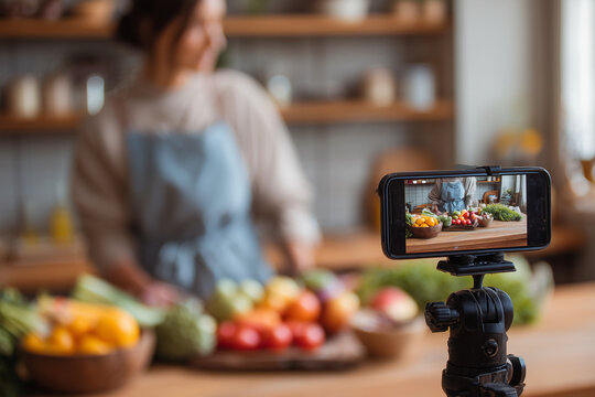 A woman is cooking in a kitchen with a camera recording her. The camera is on a tripod and is focused on the woman. The kitchen is filled with various fruits and vegetables, including apples, oranges