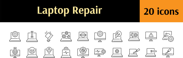 Pack of Broken Device Related Line Icons. Laptop Repair Outline Signs for Graphic and Web Design, Apps, Adverts, Various Cards