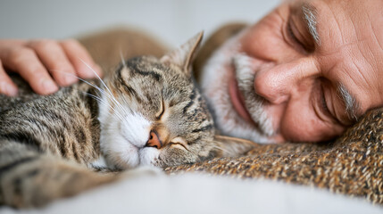 Obraz na płótnie Canvas Heartwarming moment of a senior man napping with his cat, symbolizing love and companionship. Perfect image for celebrating International Cat Day and the bond between pets and humans.