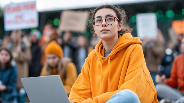 Young activist in orange hoodie with laptop at public protest, surrounded by crowd with banners. Concept of social justice, civic engagement, youth activism, and peaceful demonstration.
