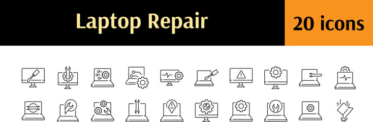 Broken Device Line Icon Bundle. Laptop Repair Outline Signs for Graphic and Web Design, Apps, Adverts, Various Cards