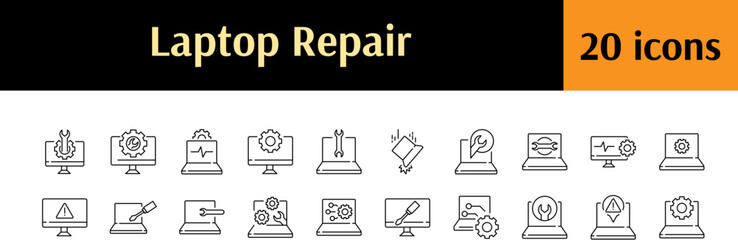 Broken Device Thin Line Icon Set. Laptop Repair Outline Signs for Graphic and Web Design, Apps, Adverts, Various Cards