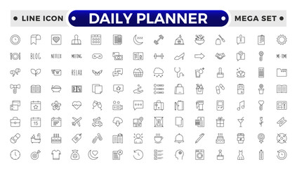 Daily Planner Outline icon set. Containing schedule, to-do list, task, manage time, planner, calendar, delegation, reminder, timer, set priorities and Time management.