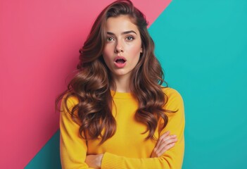 Teenage girl with mock surprise and open eyes, expressing astonishment