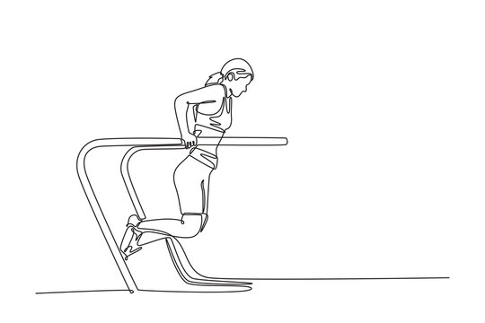 Continuous one line drawing professional female gymnast doing strength and balancing exercise on parallel bars in championship gymnastics artistic. Single line draw design vector graphic illustration