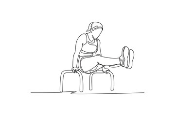 Continuous one line drawing muscular young girl doing calisthenics on parallel bars indoor. Athlete practicing balance and power. Healthy lifestyle. Single line draw design vector graphic illustration