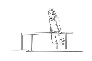 Single one line drawing beauty female gymnast exercising on parallel bars in modern health club. Strong gymnast perform stunt in sports clothes. Continuous line draw design graphic vector illustration