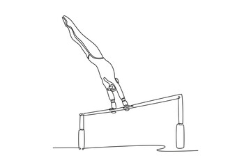 Single continuous line drawing attractive female gymnast performing on uneven bars competition artistic gymnastics. Fit gymnast athlete in sportswear. One line draw graphic design vector illustration