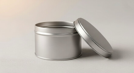 An open silver tin container with its lid beside it, resting on a textured light gray surface. Ideal for cosmetics, candles, or small items.