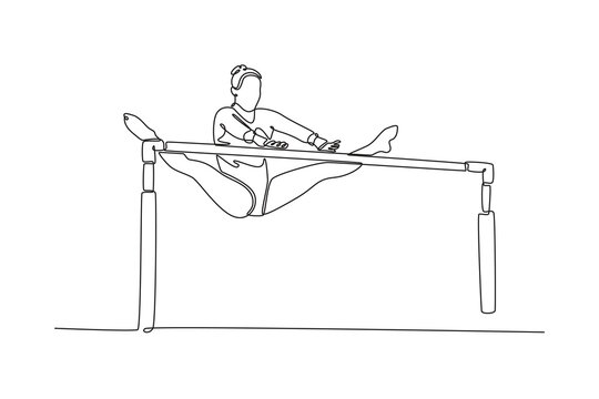 Single continuous line drawing female gymnast exercise uneven bars in championship gymnastics artistic, summer sport games. Perform acrobatic motion. One line draw graphic design vector illustration