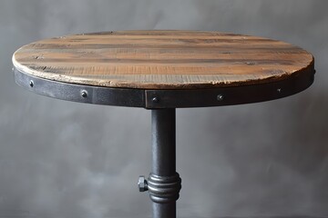 A photograph of an industrial-style round dining table with a rough-cut wooden top, set against a grey background 