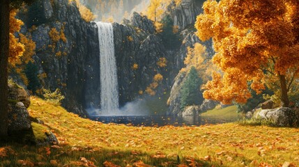 Autumn waterfall in forest landscape