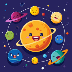 Naklejka premium Happy cartoon planets in space solar system illustration