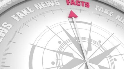The arrow of compass points to the word facts ignoring the words fake news , as a metaphor for discovering the real situation. 3D render - Powered by Adobe