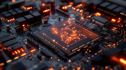 Fototapeta premium close-up of an AI microchip installed on a futuristic motherboard, glowing circuits pulsating with orange lights