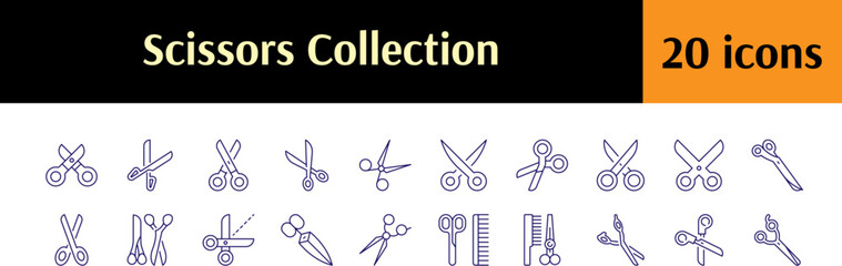 Collection of Haircut Related Line Icons. Scissors Outline Signs for Graphic and Web Design, Apps, Adverts, Various Cards
