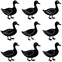 Nine black silhouettes of ducks in various poses