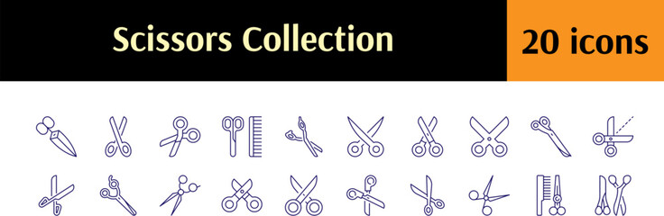 Haircut Line Icon Pack. Scissors Outline Signs for Graphic and Web Design, Apps, Adverts, Various Cards