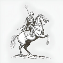 Fototapeta premium medieval knight in full armor riding a rearing horse, showcasing intricate, vintage engraving details sketch engraving PNG illustration. Scratch board imitation. Black and white image