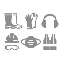 Ppe or personal protective equipment icon set. Workwear or gear, vest, mask and work hardhat with glasses and earmuffs icons.