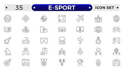 E-Sport outline icon set. Gaming icon elements containing points and life bars, console, player, chess, multiplayer, casino and mobile game icons. Video games, gaming, technology, gadget.