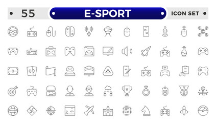 E-Sport outline icon set. Gaming icon elements containing points and life bars, console, player, chess, multiplayer, casino and mobile game icons. Video games, gaming, technology, gadget.