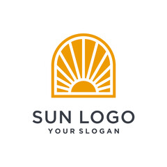 Bright sun logo with rising sun rays in curved shape
