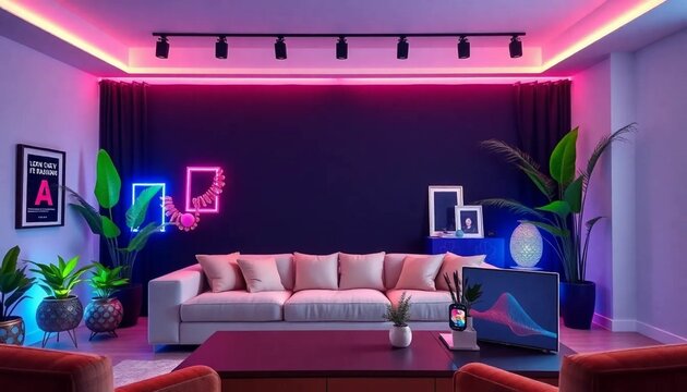 Stylish Modern Cozy Living Room with Neon & Blank Picture Frames, Tropical Plants, Comfortable Sofa, Zoom Virtual Meetings, YouTube Digital Fashion & Beauty Channel Background, Modern Studio Backdrop