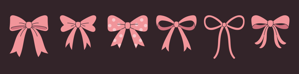 Vector set of cute pink bows in flat style. Fashion accessories for girls. Cute girlish bows collection in coquette style.