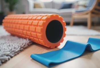 Foam roller and exercise band on a cozy rug in a home workout space