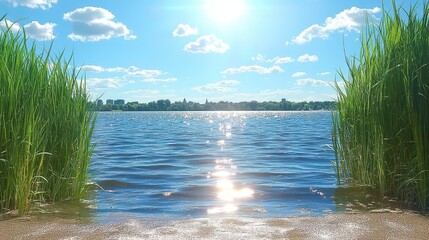 Sunny Lake Day: Calm Water, Lush Grass