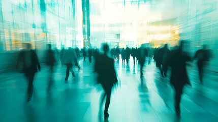 Sustainability in business center concept, business people crowd walking at corporate office in green city downtown, Abstract motion blur image, blurred background