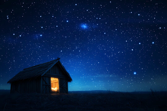 Wooden Stable at Dark Blue Starry Night, Jesus Christ Birth Concept with Copy Space
