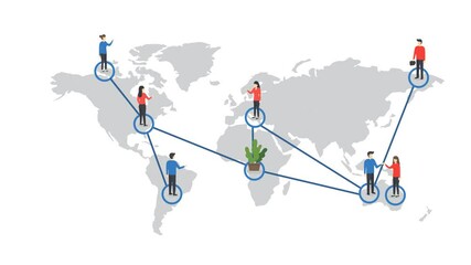 Global business network illustration animated with diverse people connected across continents, collaborating remotely via digital communication platforms - Powered by Adobe