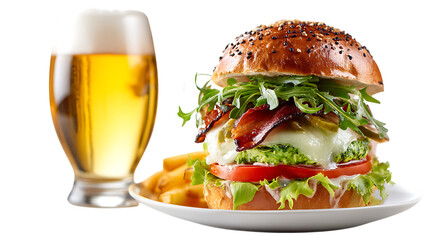 Delicious gourmet burger with bacon and beer isolated on transparent background