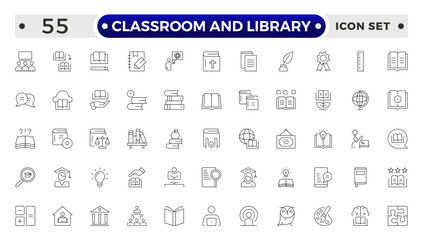 Classroom and Library Outline icon set. study space icon, quiet area badge, library tag, group study file, classroom environment board, study room chart, productive space bubble, academic setting.