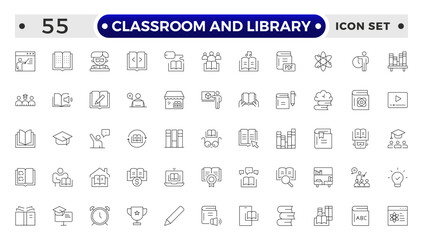 Classroom and Library Outline icon set. study space icon, quiet area badge, library tag, group study file, classroom environment board, study room chart, productive space bubble, academic setting.
