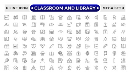 Classroom and Library Outline icon set. study space icon, quiet area badge, library tag, group study file, classroom environment board, study room chart, productive space bubble, academic setting.