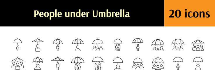 Insurance Thin Line Icon Set. People and Family under Umbrella Outline Signs for Graphic and Web Design, Apps, Adverts, Various Cards