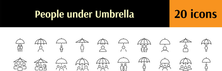 Insurance People and Family under Umbrella Modern Outline Style Icons for Design, Cards, Apps, Social Networks