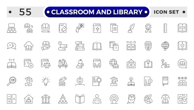 Classroom and Library Outline icon set. study space icon, quiet area badge, library tag, group study file, classroom environment board, study room chart, productive space bubble, academic setting.